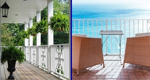 Two images in one. On the left, a veranda, on the right, a balcony with sea views. Veranda vs balcony article feature image. 