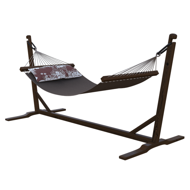 Picture of a hammock with stand and white background.