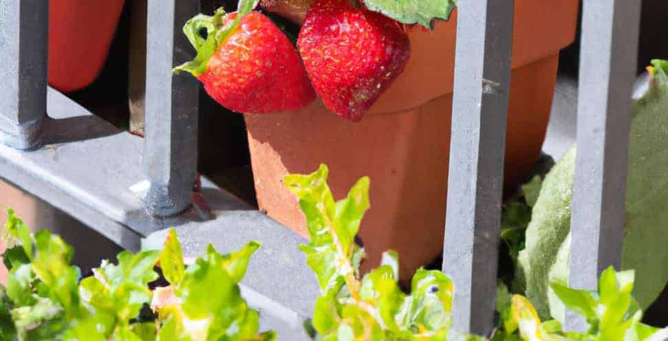 A couple of strawberries hanging out from a pot, on the floor of a balcony. 